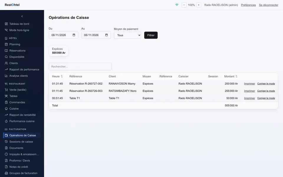 Capture d'écran des opérations de caisse dans RestOhtel