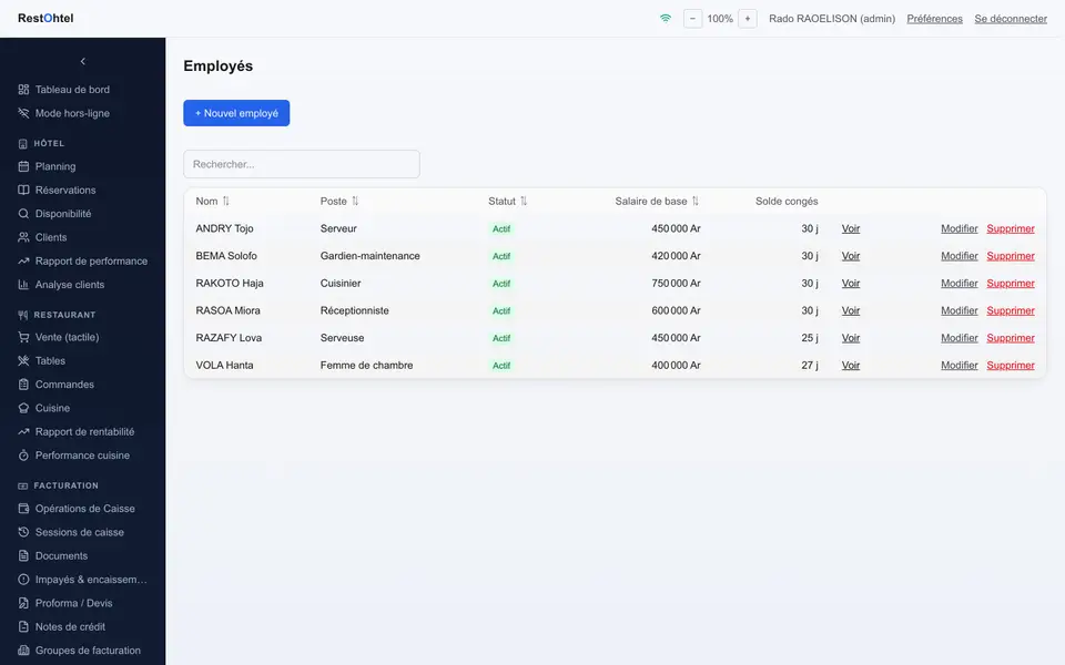 Capture d'écran de la liste des employés dans RestOhtel