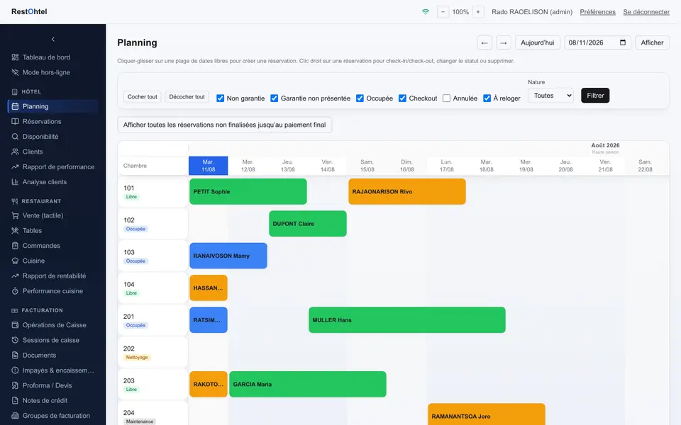 Capture d'écran du planning des chambres en couleurs dans RestOhtel
