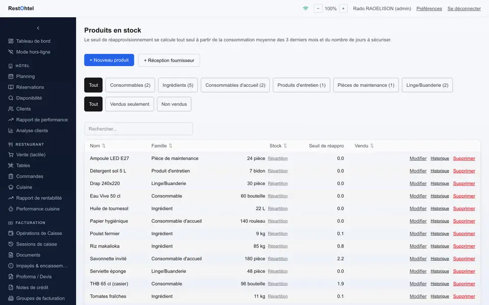 Capture d'écran des produits en stock dans RestOhtel